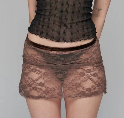 Bodycon Sheer Lace Mini Skirt with Velvet Waistband