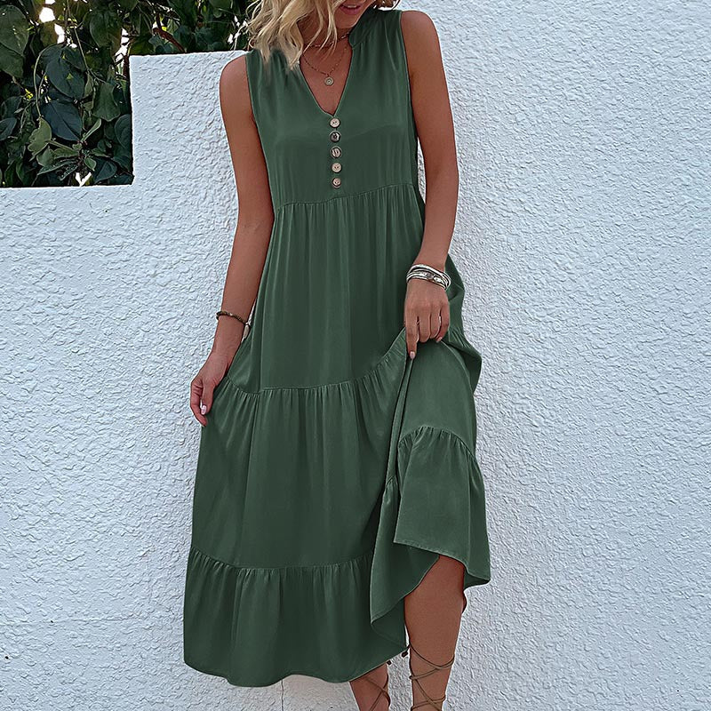 Solid A-Line Tiered Midi Dress with V-Neck and Sleeveless
