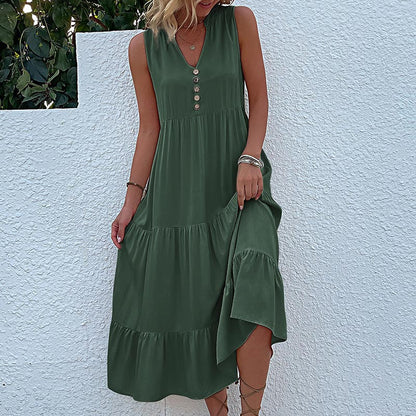 Solid A-Line Tiered Midi Dress with V-Neck and Sleeveless