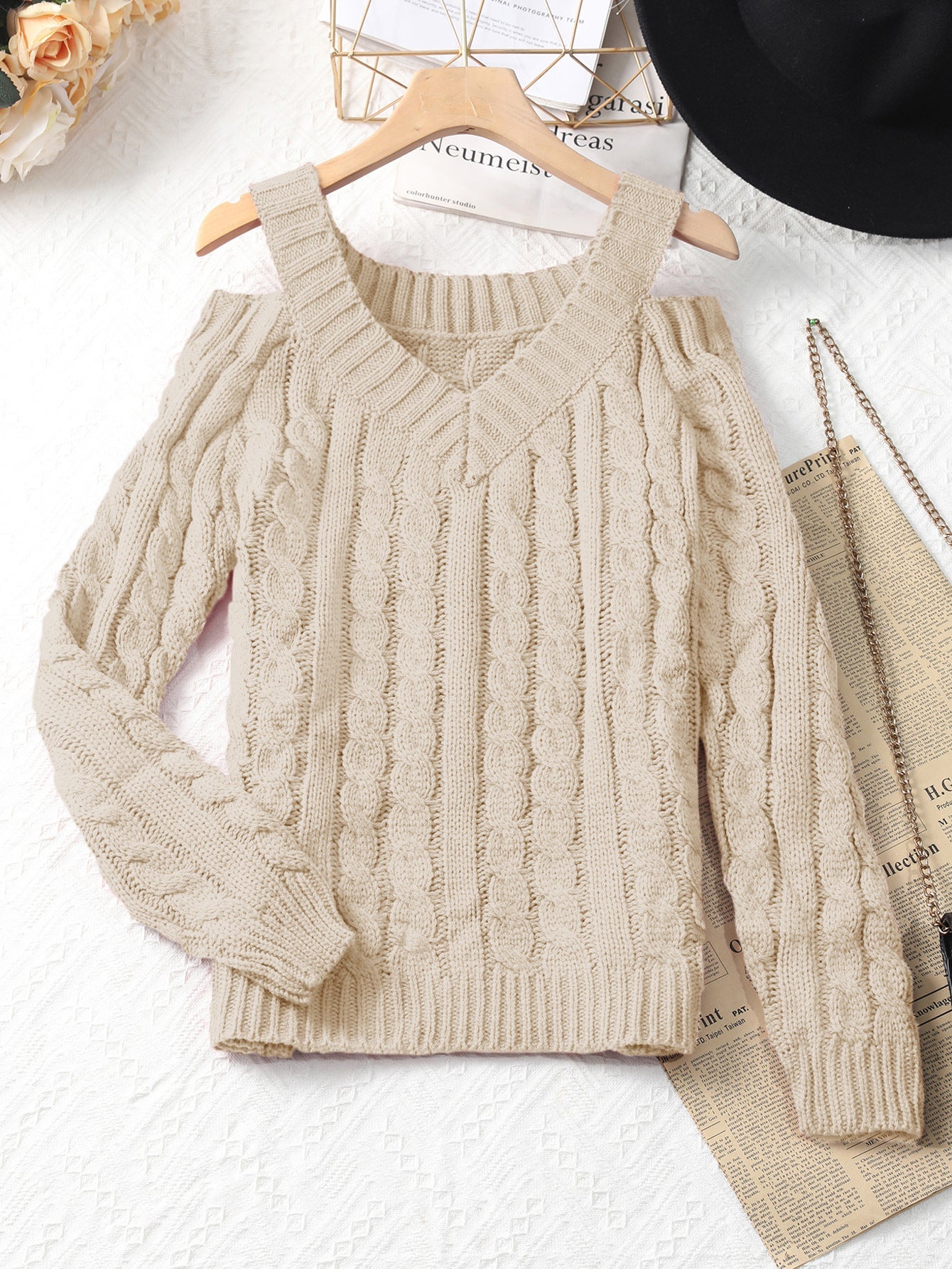 Cable-Knit V-Neck Sweater with Cold-Shoulder Cutouts