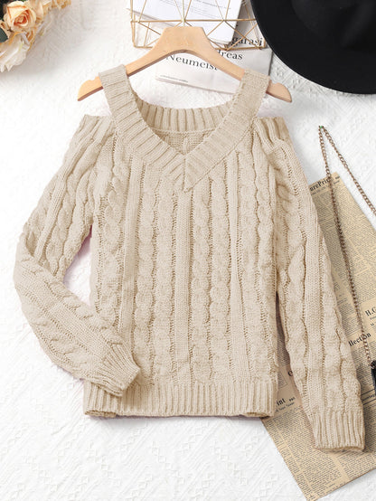 Cable-Knit V-Neck Sweater with Cold-Shoulder Cutouts