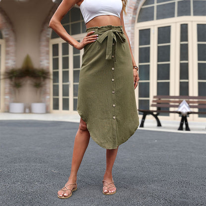 Irregular Midi Skirt with Button-Down Front and Paperbag Waist