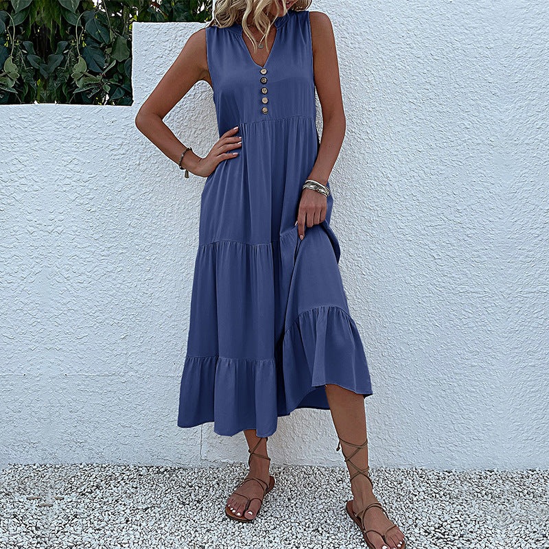 Solid A-Line Tiered Midi Dress with V-Neck and Sleeveless