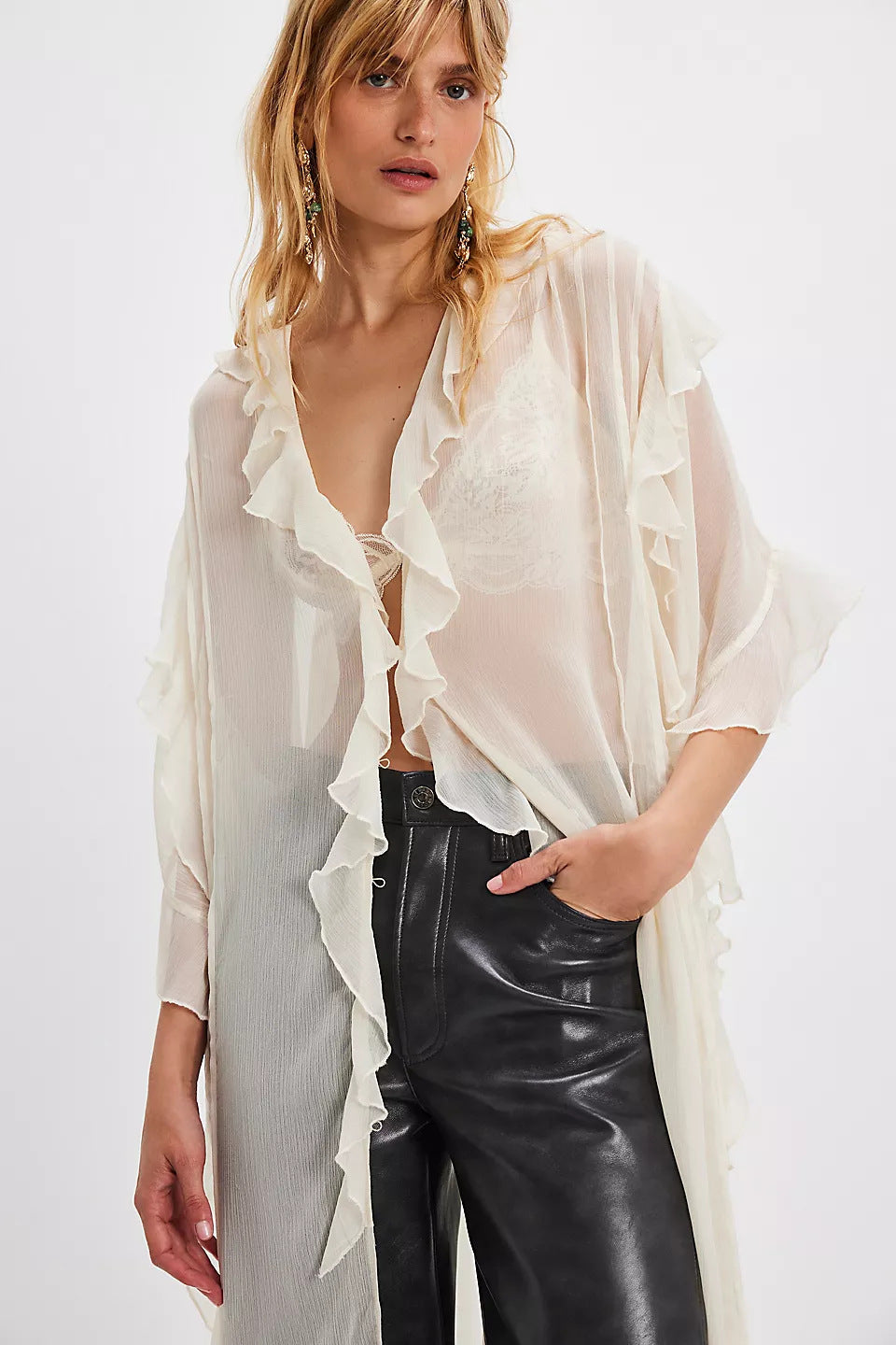 Asymmetrical Ruffled Chiffon Duster with Dolman Sleeves