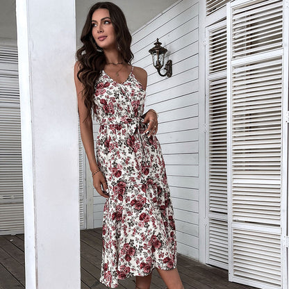 Floral A-Line Midi Dress with V-Neck and Tie-Waist