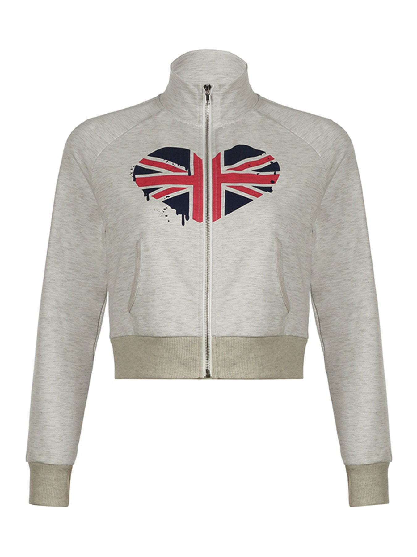 Slim Fit Stand Collar Zip-Up Cardigan with Graphic Print