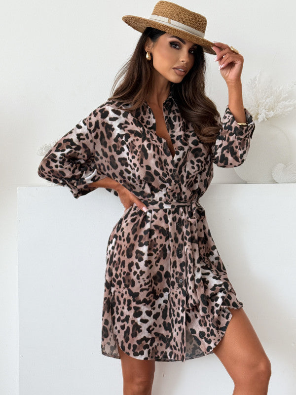 Printed Lapel Shirt Dress with Belted Waist