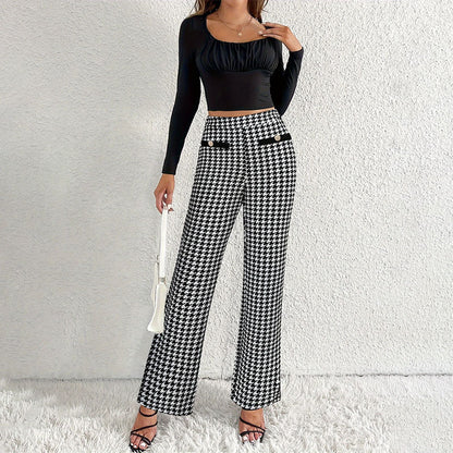 Houndstooth Trousers with High Waist and Faux Flap Pockets