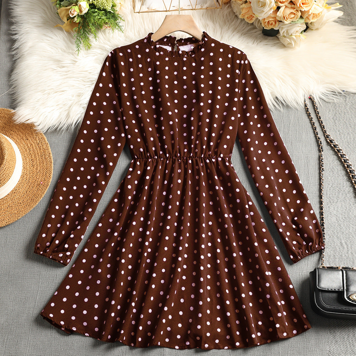 Polka Dot A-Line Dress with Ruffled Mock Neck and Long Sleeves