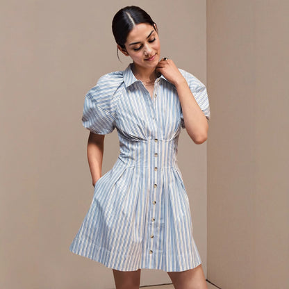 Striped A-Line Mini Shirt Dress with Puff Sleeves