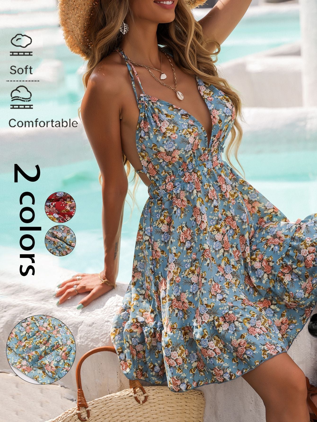 Floral Print A-Line Mini Dress with Halter Neck and Ruffle Hem