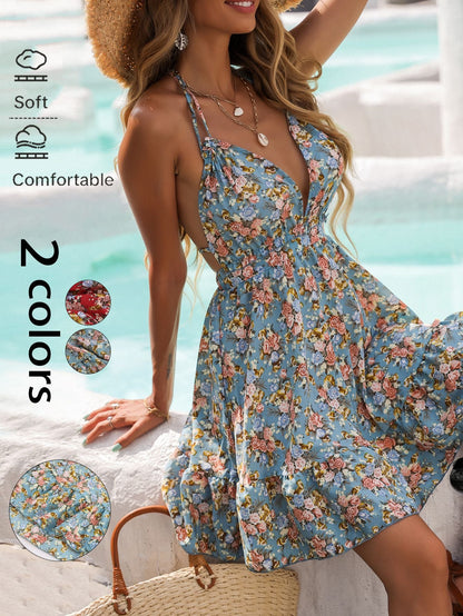 Floral Print A-Line Mini Dress with Halter Neck and Ruffle Hem