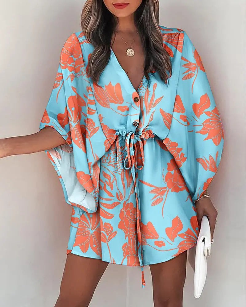 Printed Mini Dress with Bat Sleeves and Drawstring Waist