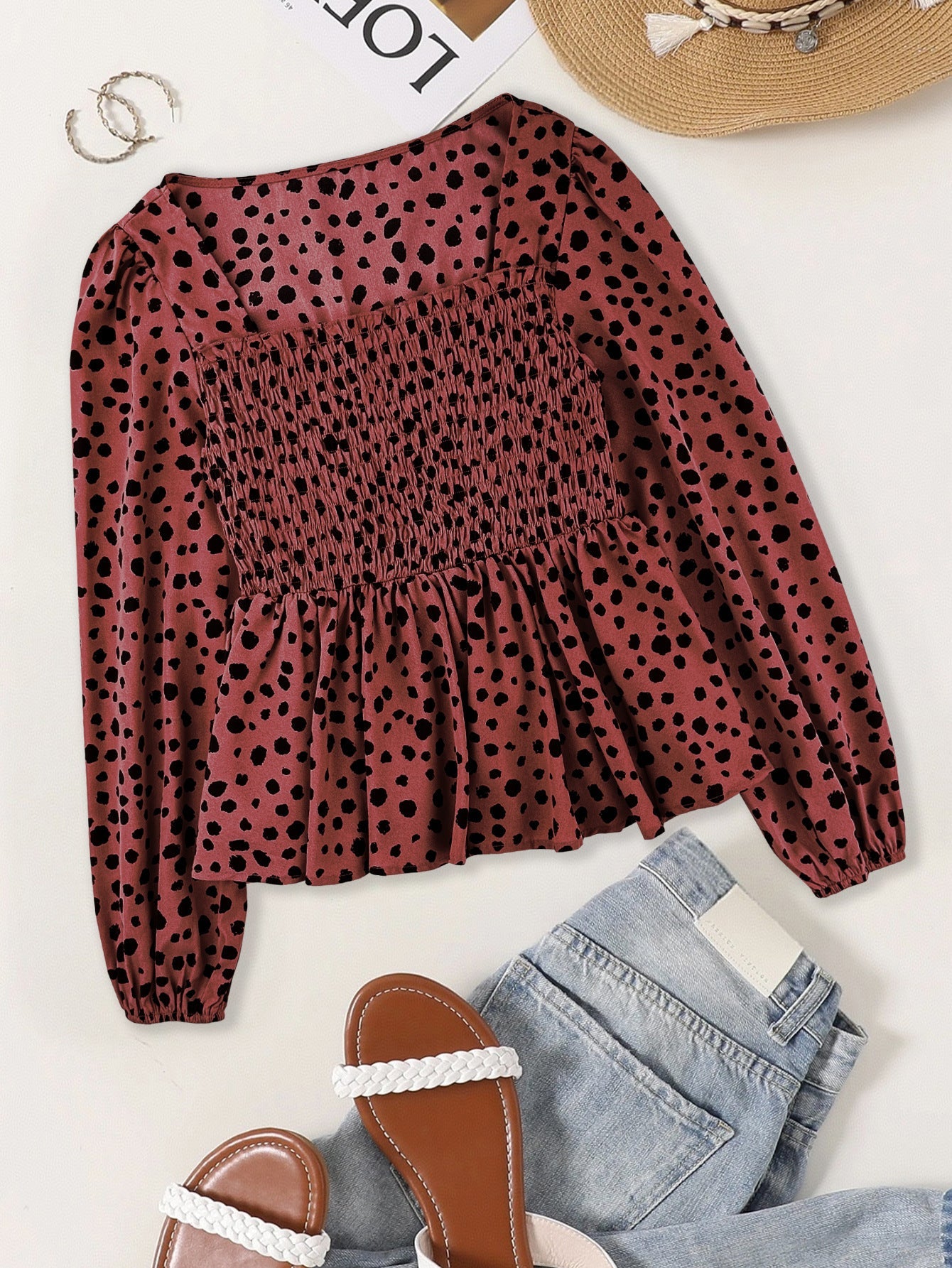 Polka Dot Peplum Blouse with Square Neck and Smocked Bodice