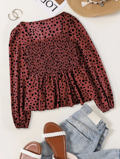 Polka Dot Peplum Blouse with Square Neck and Smocked Bodice