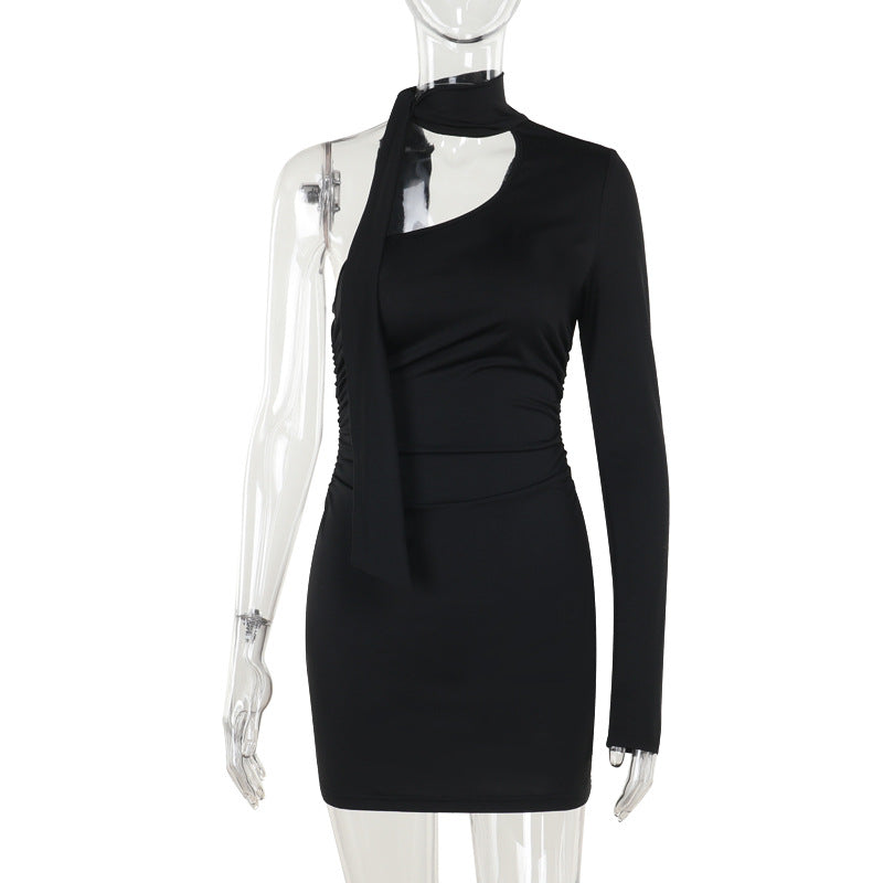 Slanted Shoulder Long Sleeve Hip Dress With Ribbon Scarf Black