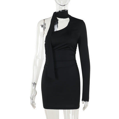 Slanted Shoulder Long Sleeve Hip Dress With Ribbon Scarf Black