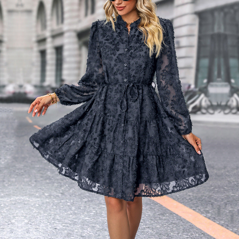 A-Line Lace Mini Dress with Stand Collar and Puff Sleeves