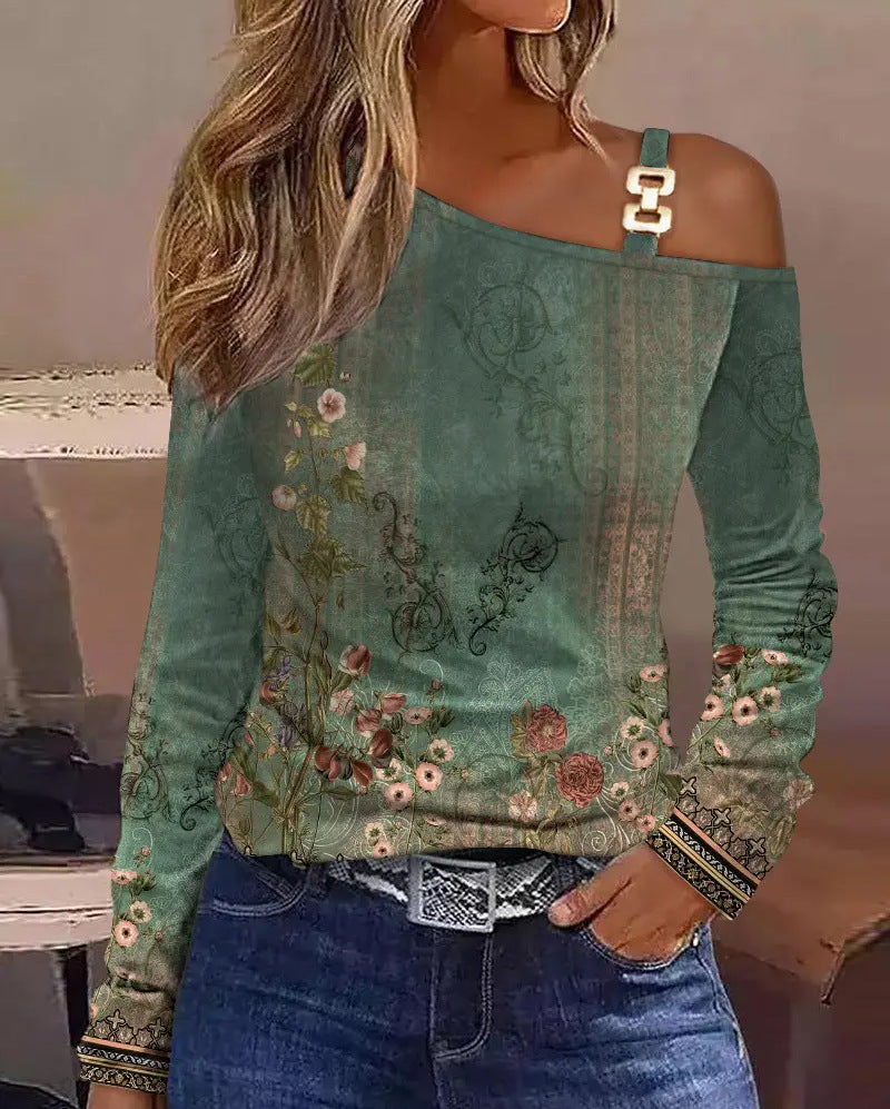 Animal Print Long Sleeve Top with Oblique Collar and Metal Buckle