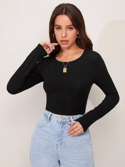 Fitted Long Sleeve Crop Top with U-Neck and Lace-Up Detail