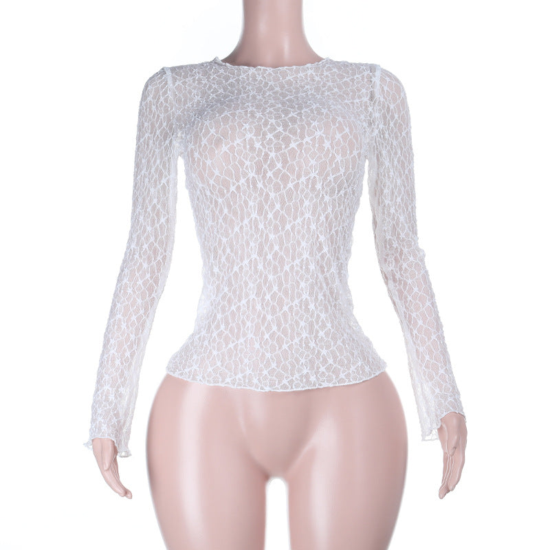 Slim Fit Sheer Floral Lace Top with Long Sleeves