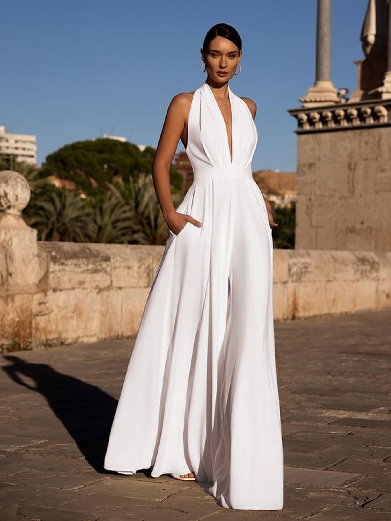 Wide-Leg Jumpsuit with Halter Neck and Deep V-Neck