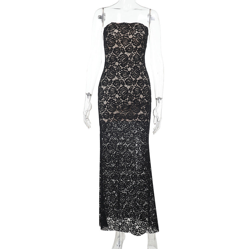 Strapless Sheath Maxi Dress in Sheer Floral Lace