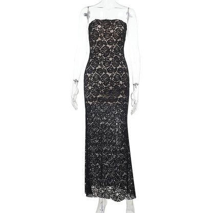 Strapless Sheath Maxi Dress in Sheer Floral Lace