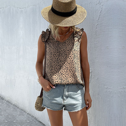 Leopard Print Sleeveless Top with V-Neck and Ruffle Shoulders