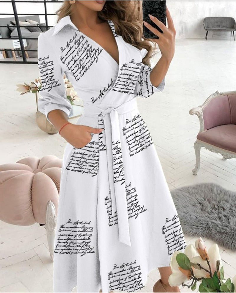 Printed Wrap Midi Dress with Shirt Collar and 3/4 Sleeves