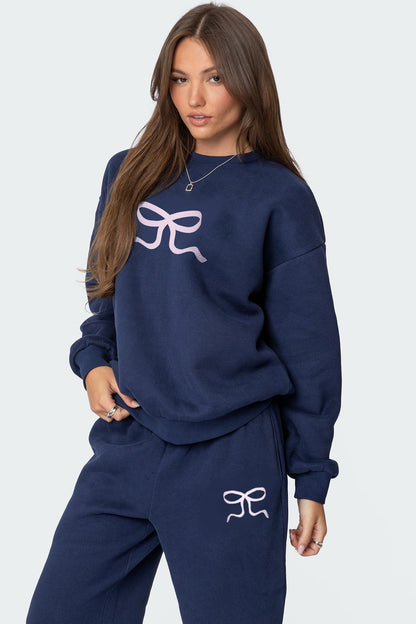 Oversized Sweatshirt and Wide-Leg Pants Set with Bow Print