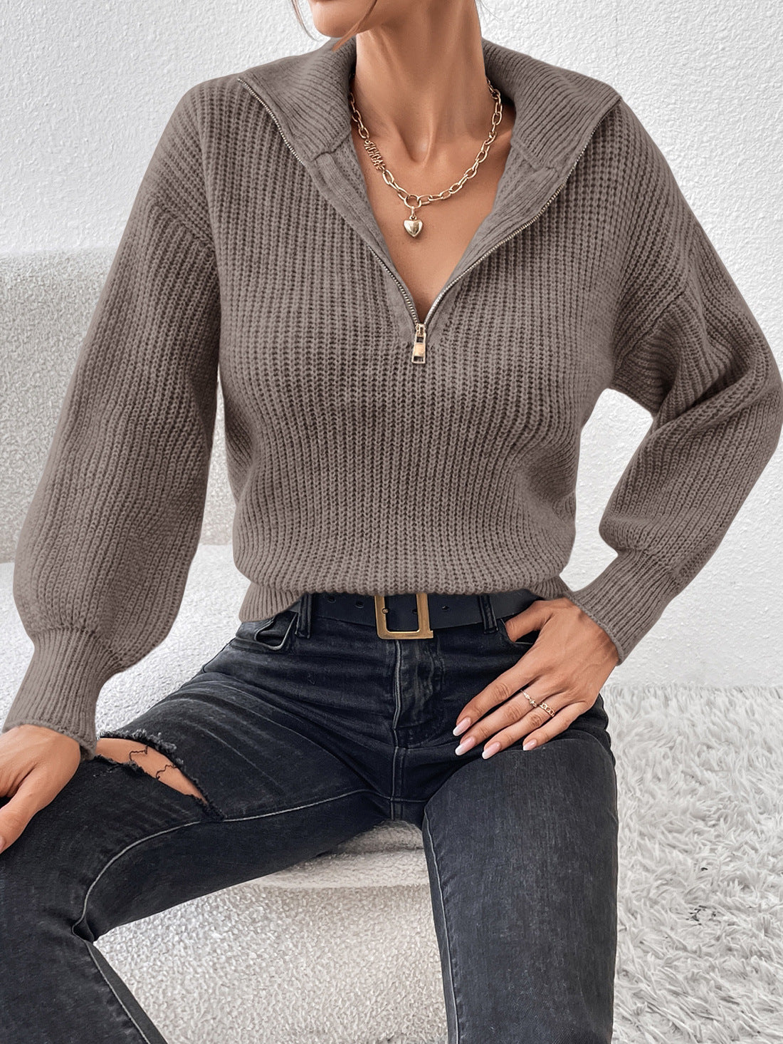 Loose Ribbed Knit Pullover with Half-Zip Polo Collar