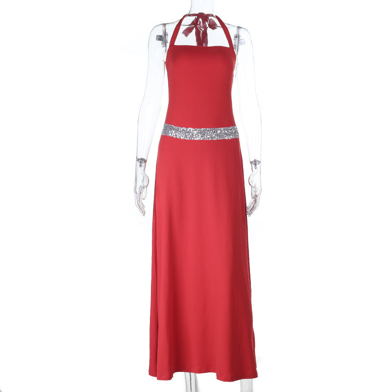 Bodycon Halter Maxi Dress with Sequin Waist Detail
