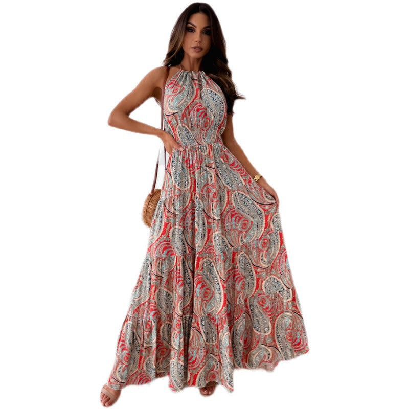 Bohemian Paisley Print Maxi Dress with Halter Neck