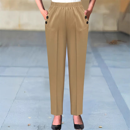 High-Waist Slim-Leg Trousers with Elastic Waistband and Buttons