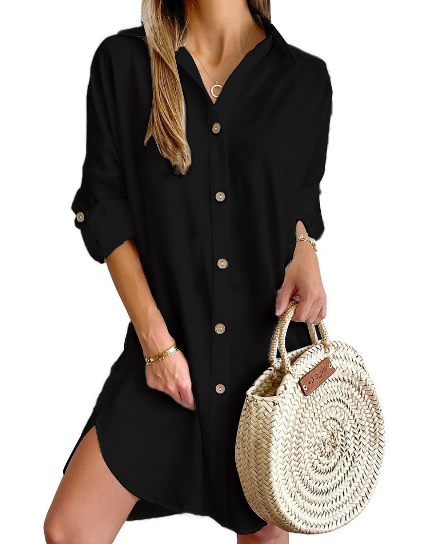 Oversized Shirt Dress with Lapel Collar and Roll-Tab Sleeves