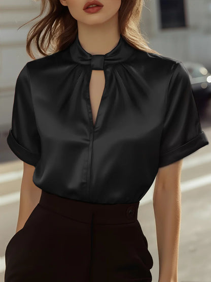 Satin Short Sleeve Blouse with Gathered Stand Collar and Keyhole