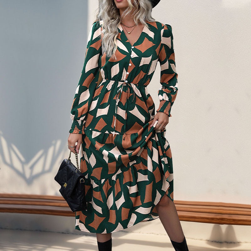 Geometric Print A-Line Midi Dress with V-Neck and Drawstring Waist