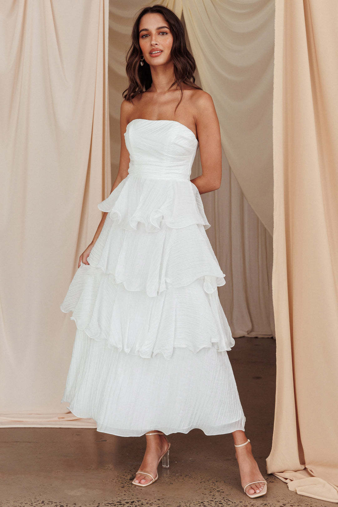 Strapless Tiered Midi Dress with Layered Ruffles