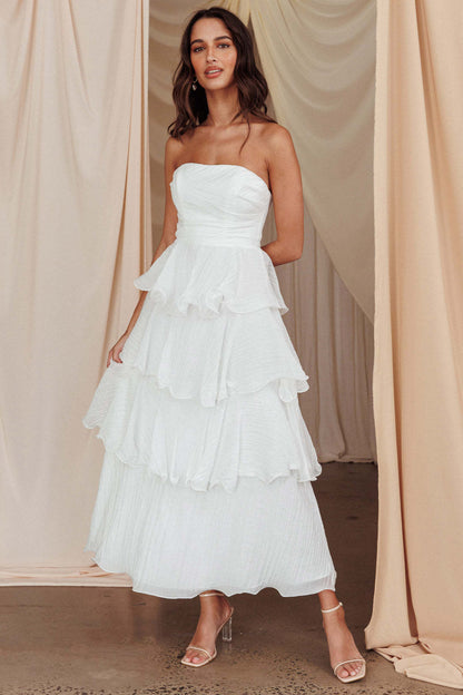 Strapless Tiered Midi Dress with Layered Ruffles
