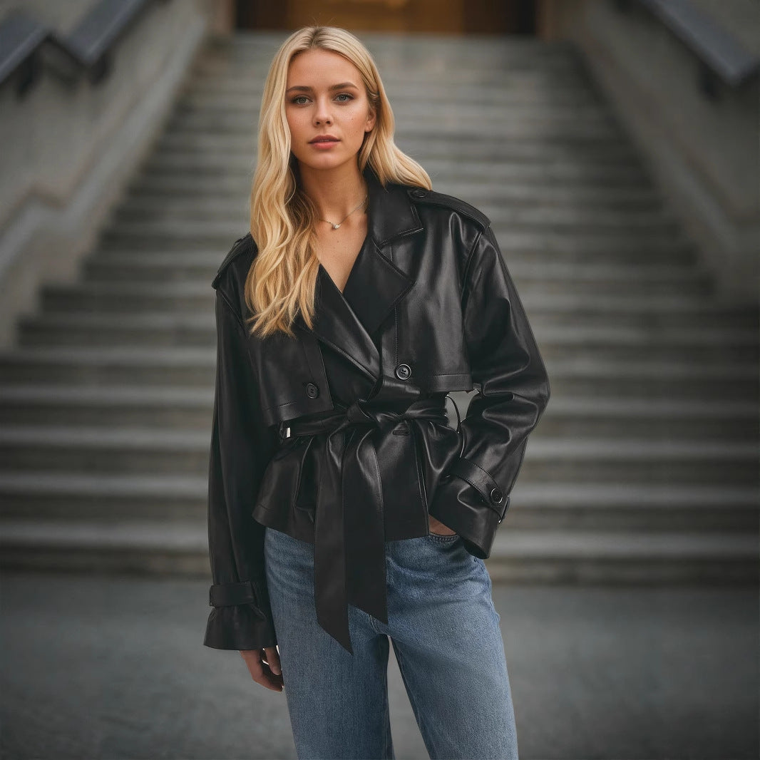 Faux Leather Cropped Double-Breasted Jacket with Belt
