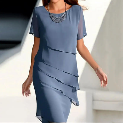 Sheath Midi Dress with Layered Chiffon Overlay and Short Sleeves