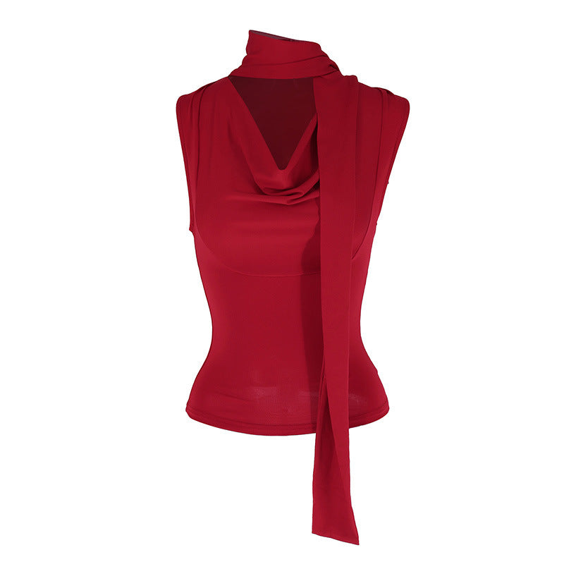 Ruched Sleeveless Top with Cowl Neck and Scarf Tie