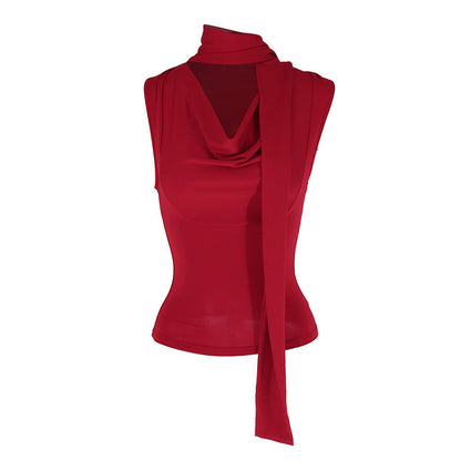 Ruched Sleeveless Top with Cowl Neck and Scarf Tie