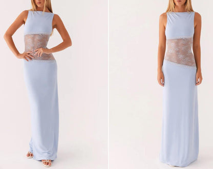 Sleeveless Backless Maxi Dress with Lace Midriff Panel