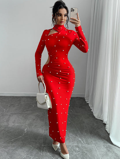 Bodycon Maxi Dress with Pearl Embellishments and Side Cut-Out