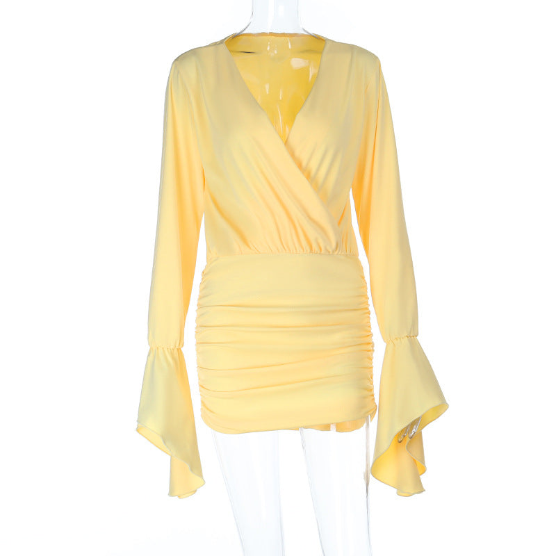 Ruched Bodycon Mini Dress with Deep V-Neck and Bell Sleeves