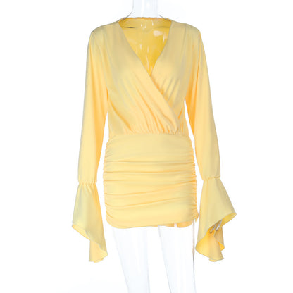 Ruched Bodycon Mini Dress with Deep V-Neck and Bell Sleeves