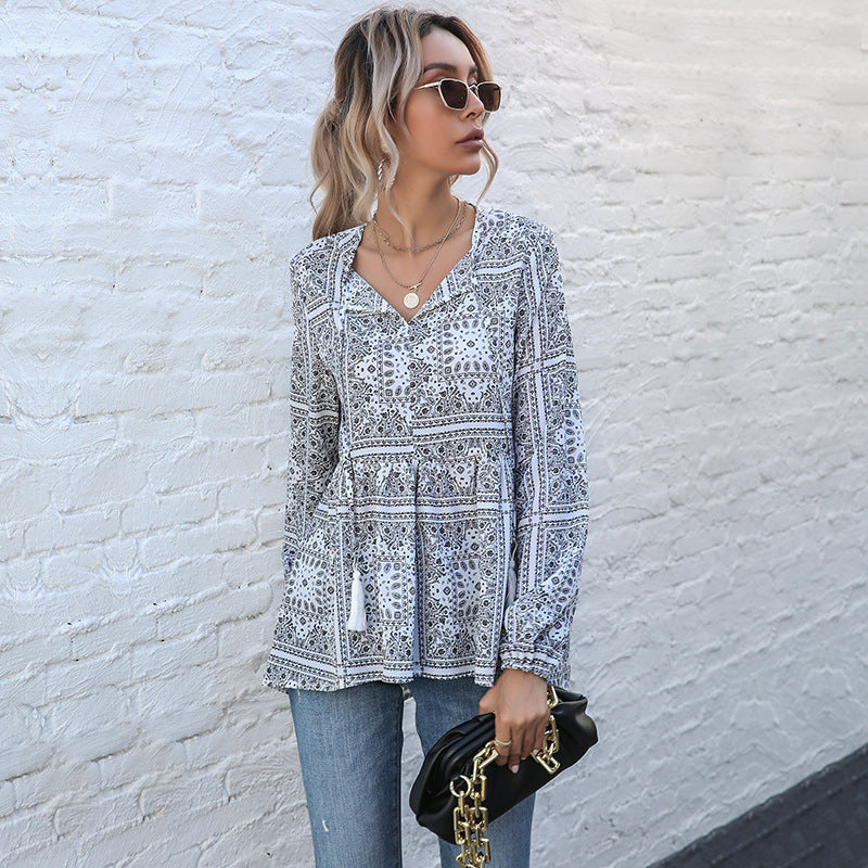 Loose Bandana Print Blouse with V-Neck and Tassel Ties
