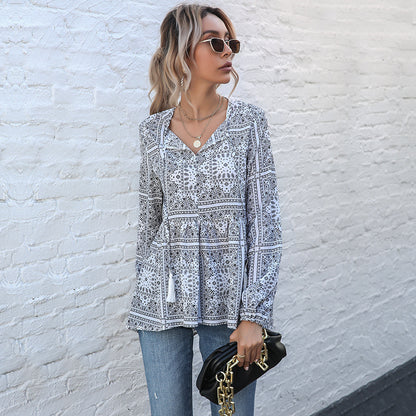 Loose Bandana Print Blouse with V-Neck and Tassel Ties